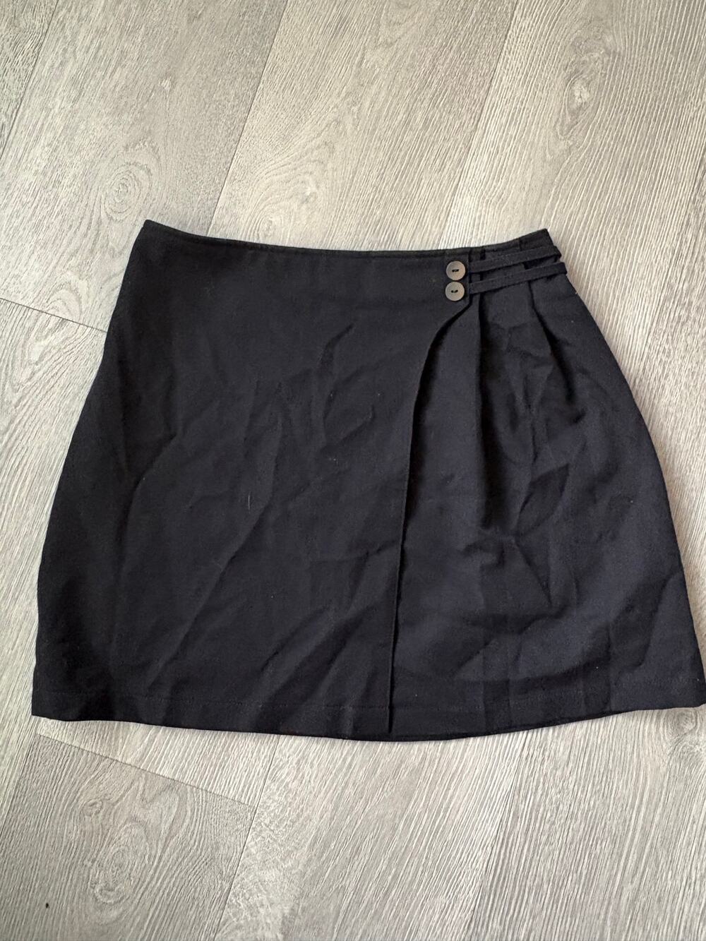 Elig Womens Black Faux Wrap Mini Pencil Skirt Medium Side Button Detail